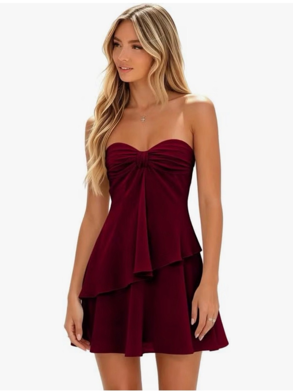 Strapless Twist Ruffle Mini Dress in Burgundy